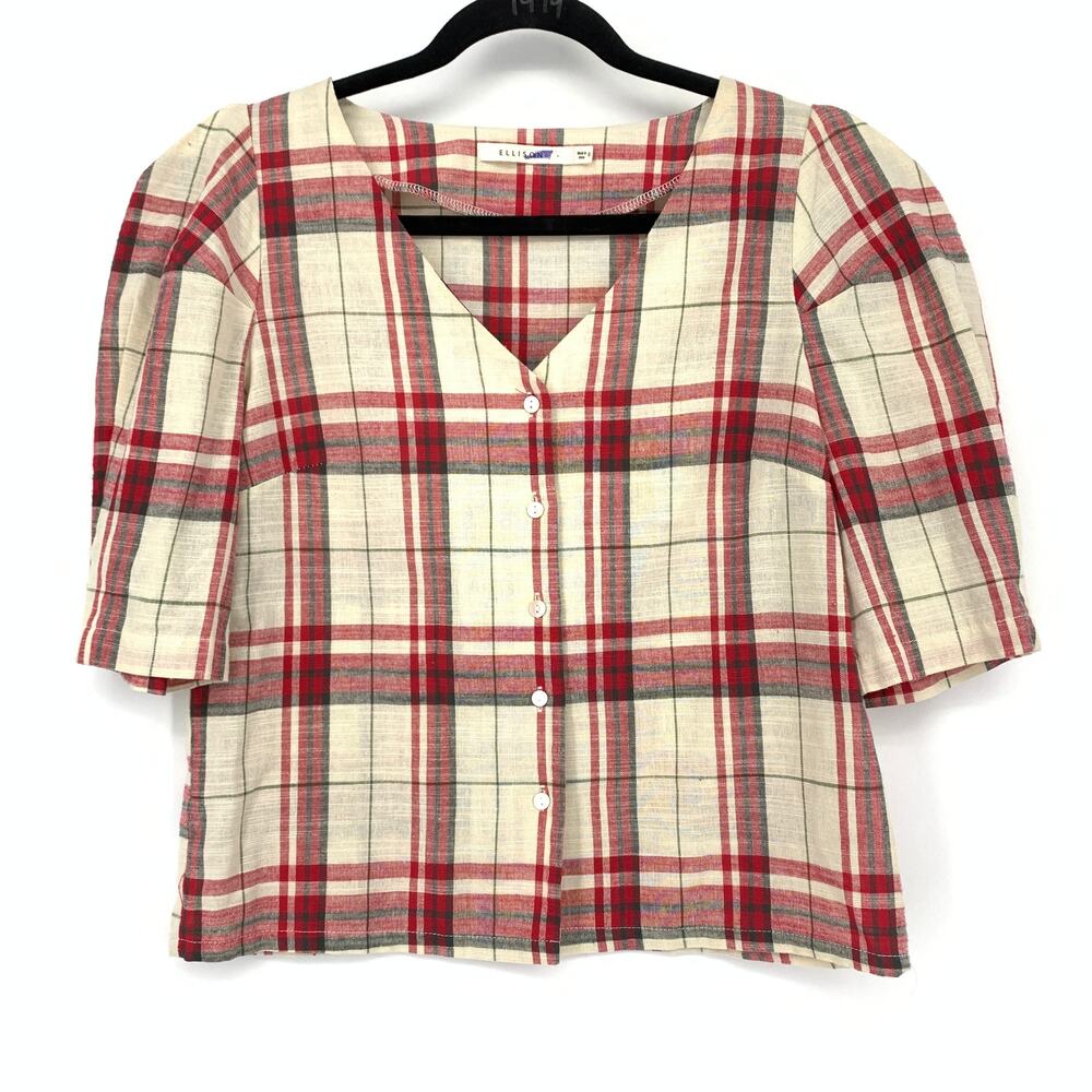 Ellison Plaid Button Front Cropped Blouse Womens Size S Cotton Linen Red Cream